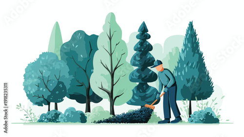 A person rakes leaves amidst a stylized forest of various trees and bushes