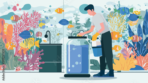 Person in gloves cleans aquarium with fish and coral decorations
