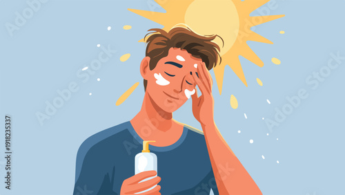 Man with sunscreen on his face, holding a bottle, under a bright sun