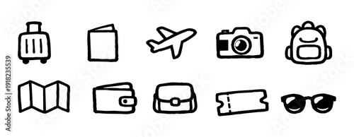 Set of hand-drawn black travel icons featuring a suitcase, airplane, camera, backpack, map, wallet, sunglasses, and tickets on white background.