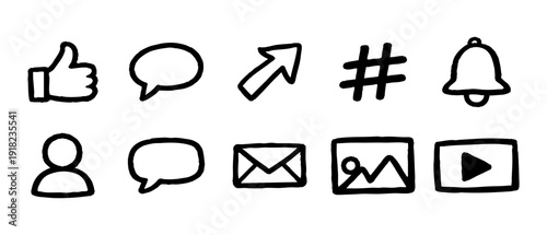 Hand-drawn black social media icons featuring thumbs up, speech bubble, hashtag, bell, user, email, gallery, and video play buttons on white.