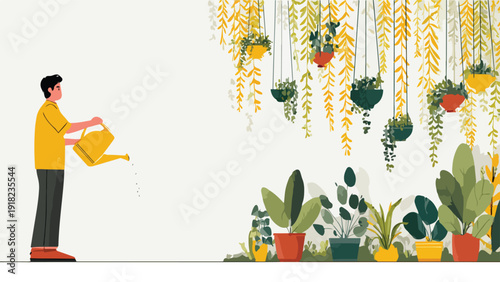 A person waters hanging and potted plants with a yellow watering can