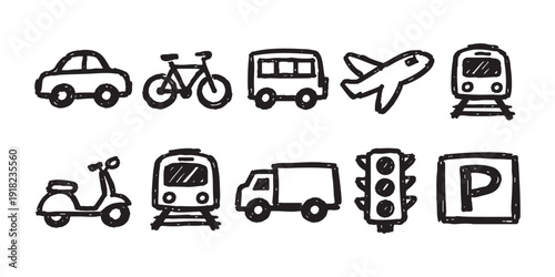 A collection of hand-drawn transportation icons including a car, bike, bus, plane, train, scooter, truck, traffic light, and parking sign.