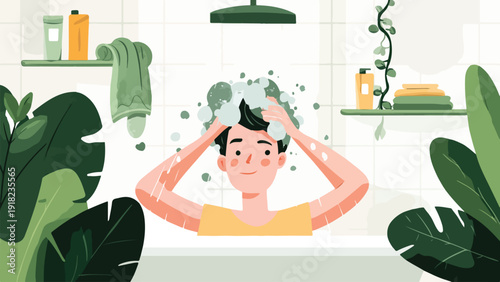 A person washing their hair in a bathtub surrounded by plants