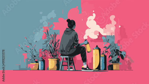 A person sprays paint in a stylized, split-color environment surrounded by potted plants