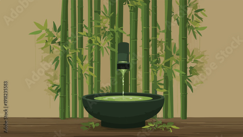 Serene bamboo grove with a stone bowl collecting dripping liquid
