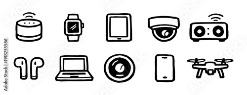 Set of hand-drawn doodle icons representing smart gadgets and consumer electronics like smartphone, laptop, smartwatch, drone, and security camera.