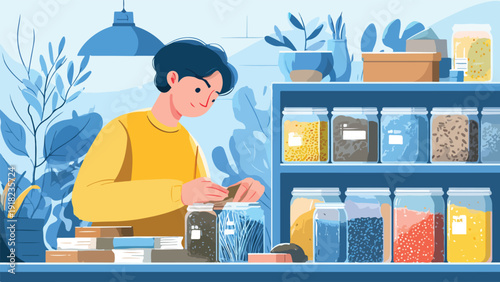 A person organizing jars of food and ingredients on shelves with houseplants in the background