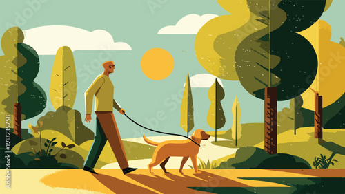 Stylized man with glasses walks a golden dog on a leash through a sunlit forest