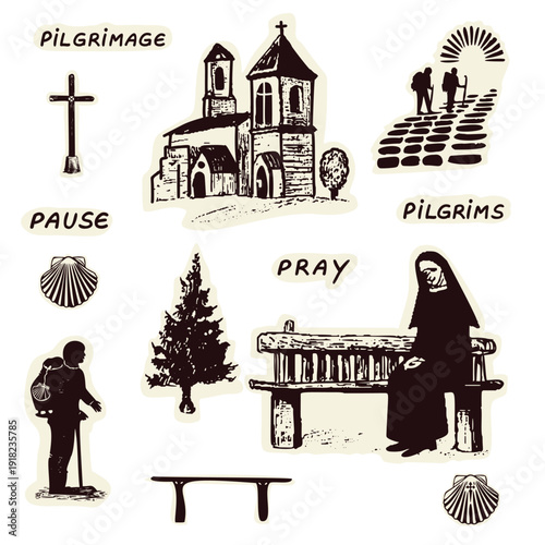 Pilgrims wayside prayer chapel with hiker and nun for pilgrims way travel icon set. Black and white vector isolated design element collection for religious faith based travel. Christian pray stop
