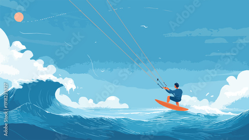 Man kite surfing on an orange board on a large blue wave, under a partly cloudy sky