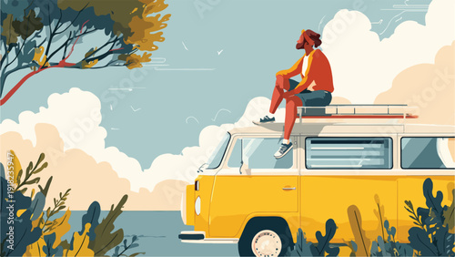 A person in an orange jacket sits atop a yellow van, overlooking a serene landscape with clouds and foliage