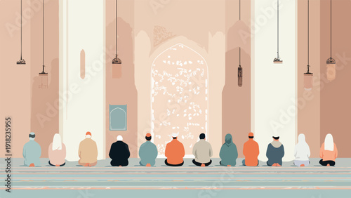People gathered in a mosque praying on a prayer rug