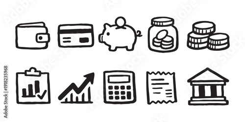 Set of hand-drawn finance and banking doodle icons featuring wallet, piggy bank, credit card, coins, and business charts on white background.