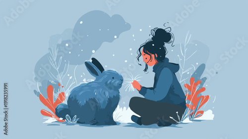 A person in blue clothing offers a flower to a fluffy blue rabbit amidst a wintery scene