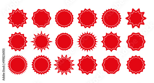 Red starburst badge shape. Set price tag icon. Star burst sticker pricetags. Sale promo circles and clouds isolated on white background. Round sun splash in simple design. Vector.