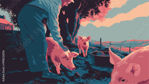 A person tends to young pigs in a rural setting under a stylized pink-tinged sky