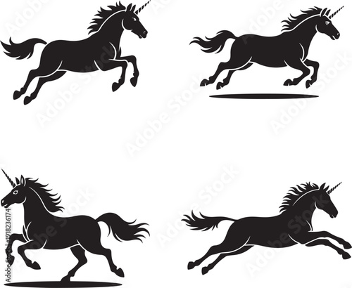 Four Silhouette Icons Of A Galloping Unicorn fantasy