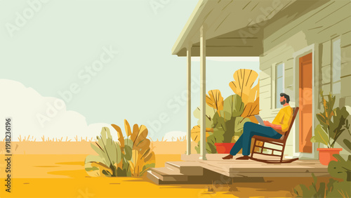Man relaxing on porch with laptop amidst autumn foliage