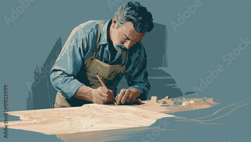 Man with mustache focused on carving wood with pencil and chisel