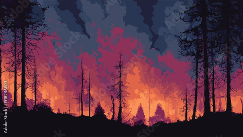 Silhouetted trees stand against a dramatic backdrop of a raging forest fire
