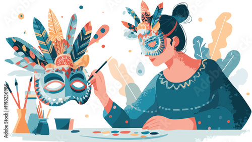 Artistic creation of a feathered mask by a woman with a palette