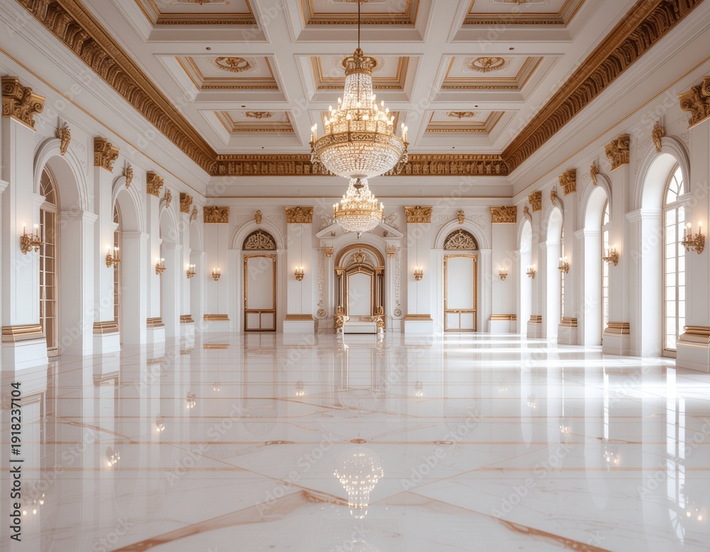 Fototapeta premium Elegant Luxury Ballroom Interior with Crystal Chandelier and Marble Floor