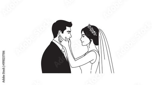 Bride and Groom Illustration in Simple Line Art with Monochrome Color on White Background for Wedding Invitation