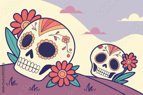 Colorful Sugar Skulls Illustration for Day of the Dead Celebration.