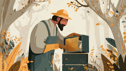 Beekeeper inspecting a honeycomb in a forested setting with autumn foliage