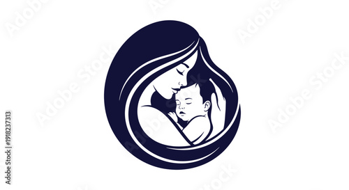 Mother holding baby in a stylized emblem design.