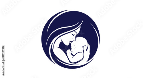 Mother holding baby in a circular emblem design.