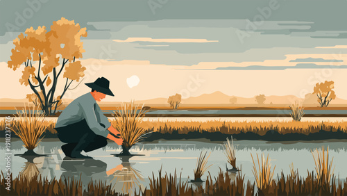 Farmer planting in a rice paddy under a hazy sky with distant hills