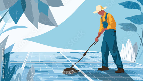 Person in overalls and hat cleaning solar panels with a broom, surrounded by abstract blue foliage