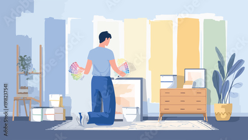 A person kneels on a rug, holding color swatches and a brush, choosing paint colors