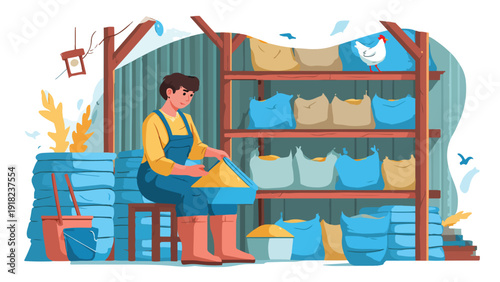 Farmer in overalls sorts grain from sacks inside a rustic storage building