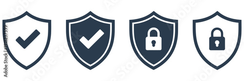 Security shield icons, security shield logotypes with check mark and padlock, vector illustrations of safety and protection symbols, perfect for cybersecurity