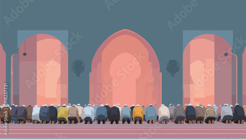 A group of men in prayer, facing a grand archway within an ornate mosque