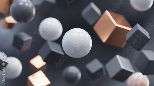 Abstract 3D Shapes: Spheres and Cubes in Metallic Copper and Dark Grey