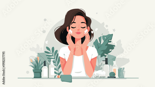 Woman applying cream with cotton pads, surrounded by plants and skincare products