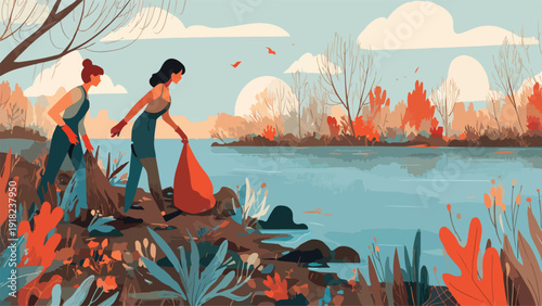 Two women collect litter along a riverbank with trees and clouds in the background