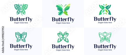 Set of collection creative modern butterfly logo icon design vector illustration template, Symbol abstract animals insect with green color for brand identity