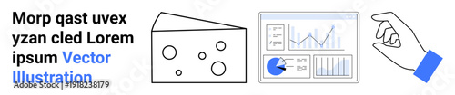 A hand with pinch gesture, data dashboard with charts, and a cheese-shaped object. Ideal for data analysis, user actions, interface, tech, minimal design, abstract simple landing page