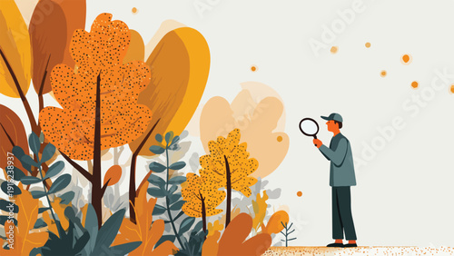 Autumnal forest scene with a person examining foliage using a magnifying glass