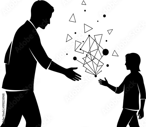 A man and a child passing something to each other in silhouette