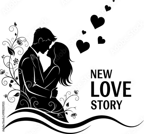 Romantic couple silhouette with hearts and love story text