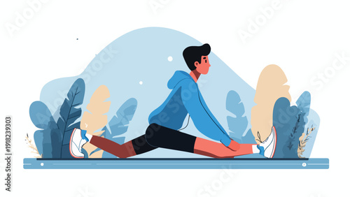 A person in blue hoodie and black shorts stretches their legs wide apart in a calm outdoor setting