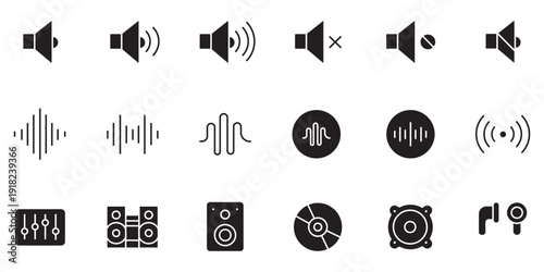Speaking & audio icon set. Audio file, earphones, voice, microphone, listening, speaker, headphones, music, speech bubble, talk, speaking, loudspeaker, online chat, message, etc. Vector illustration.