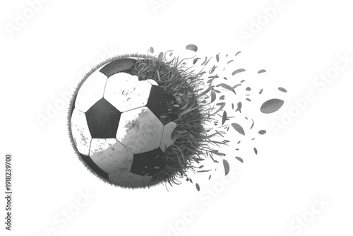 Abstract soccer ball dissolving into particles isolated on white background.Football ball with speed trail and explosion effect.