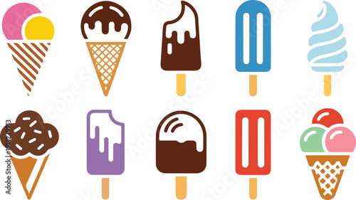 A colorful selection of various ice cream cones and popsicles in different flavors and styles
